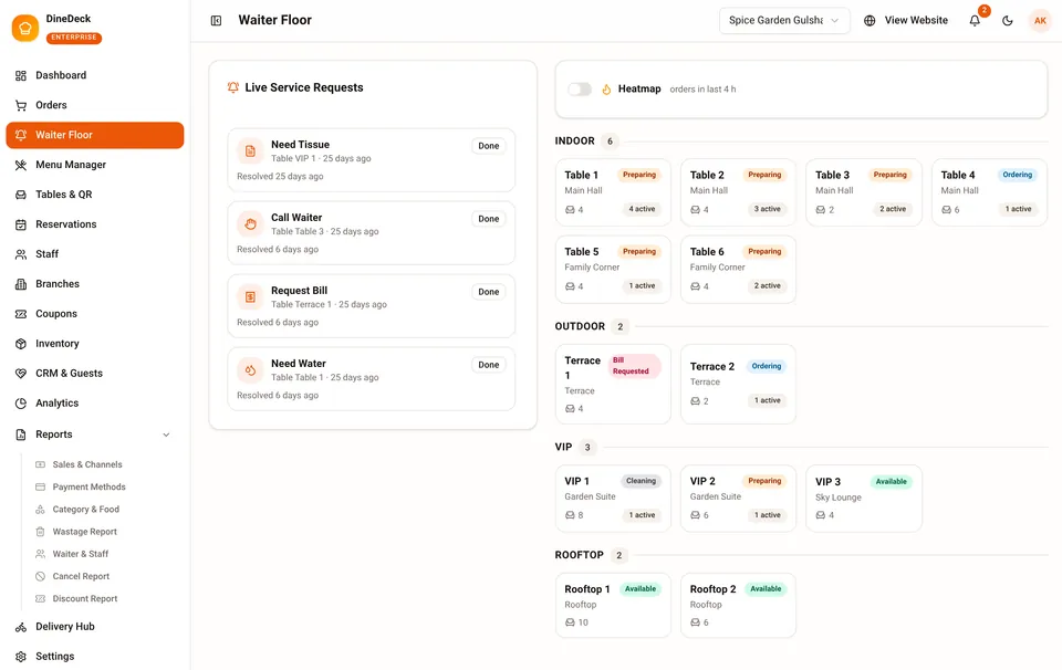 DineDeck Enterprise restaurant storefront and dashboard